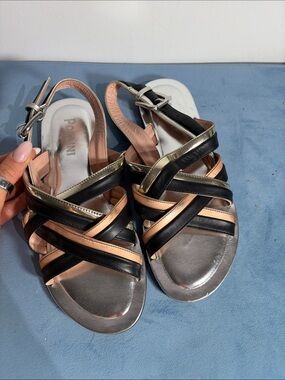 Pollini Black and Rose Gold Strappy Slingback Sandals 38